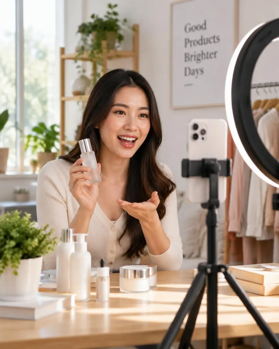 Live commerce host presenting on camera
